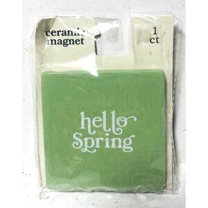 Hello Spring Ceramic Magnet 3x3x1/8” Green w/ White Letters NEW!